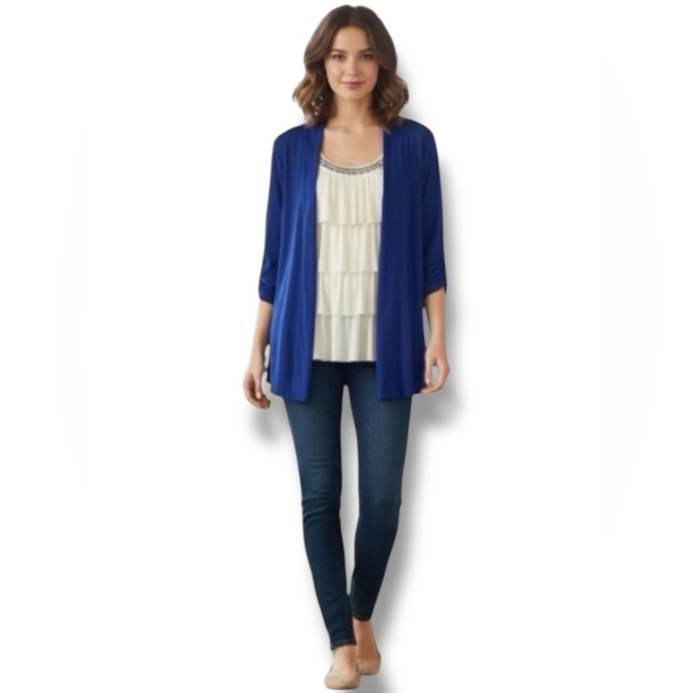 AB Studio (Kohl’s) Top Royal Blue Ivory Ruffled Beaded Neckline Cami Cardi S